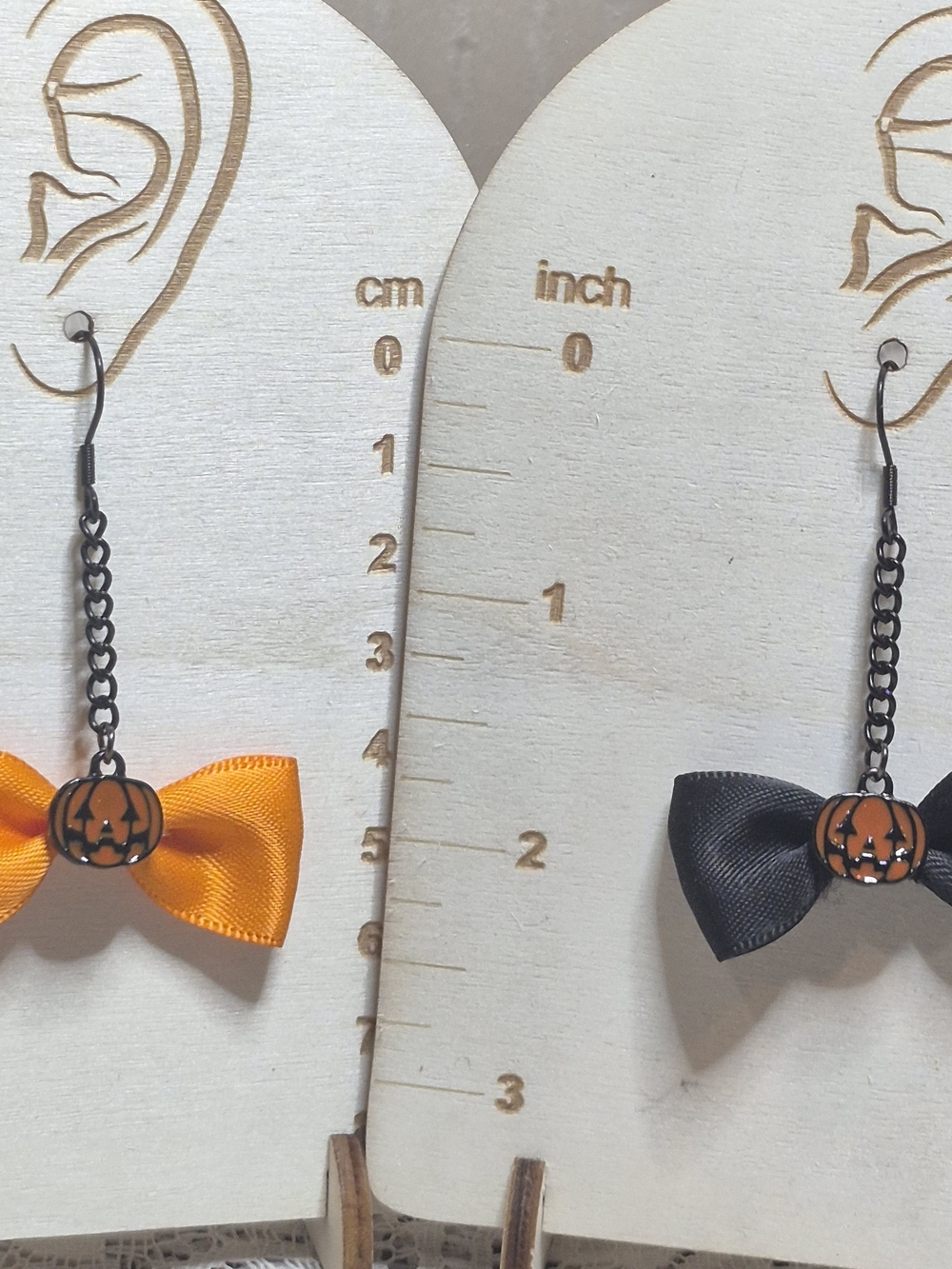 Halloween Orange & Black Satin Bow Enamel Pumpkin Earrings